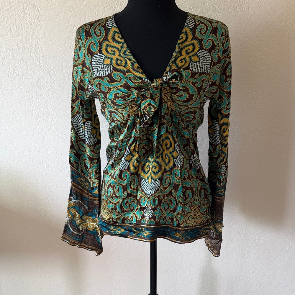 EUC HALE BOB Printed Tie-Front Women’s Top in Green and Brown size MED